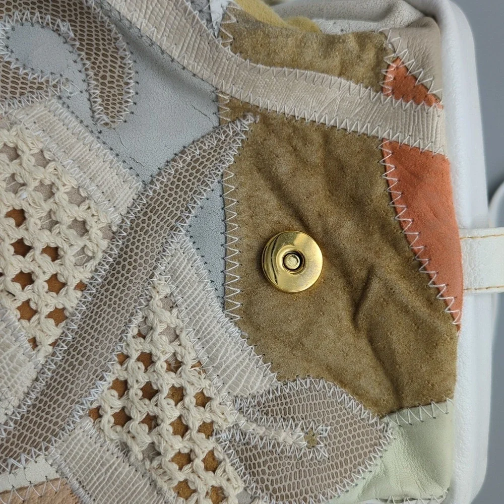 Vtg 80s White Pastel Patchwork Purse Leather Crochet‎ Shoulder Handbag Crossbody